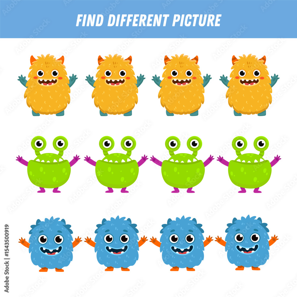 Fototapeta premium Find different monster each row. Logical game for kids. Cartoon monster. Flat illustration. Vector 