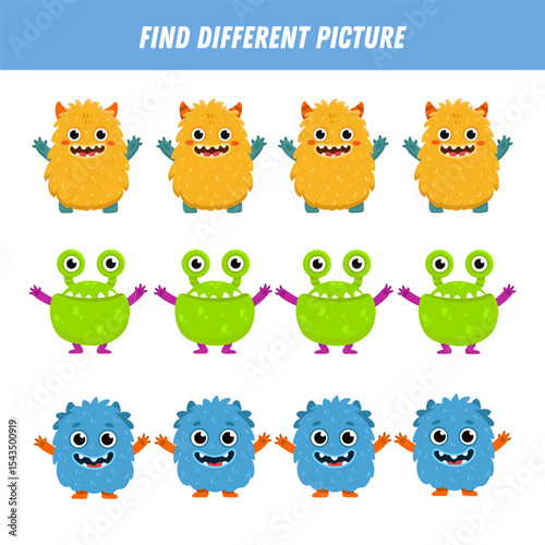 Find different monster each row. Logical game for kids. Cartoon monster. Flat illustration. Vector
