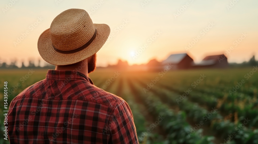 Obraz premium A tranquil farmer gazing at the sunset over expansive green fields and rustic barns, capturing the essence of rural life and the beauty of nature.