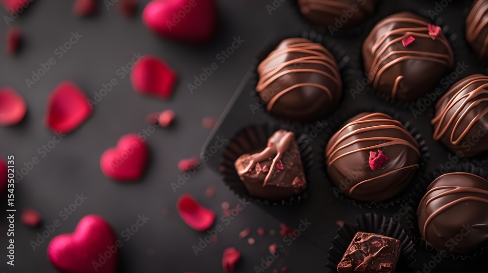 Fototapeta premium Chocolate Truffles with Hearts, and Rose Petals.