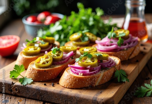 Fresh open-faced sandwiches topped with pickles onions and herbs on a wooden board photo