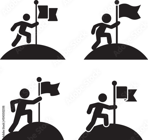 Four stylized figures planting flags atop hills, signifying achievement.
