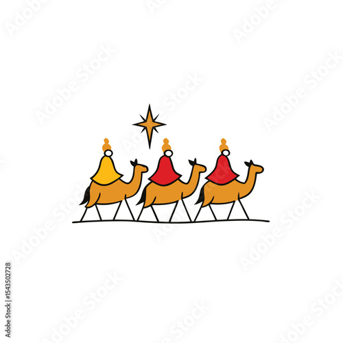 three wise men in bright robes on camels  followin