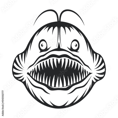 Vector Illustration of an Anglerfish Head: A Monochrome Drawing of a Deep-Sea Predator with Sharp Teeth and Bioluminescent Lure, isolated on white background.