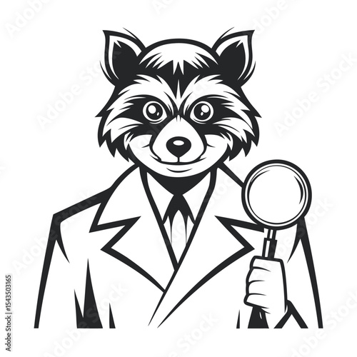 Monochrome Raccoon Detective: Vector Illustration of an anthropomorphic raccoon character wearing a suit and holding a magnifying glass on a white background.
