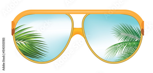Summer vacation concept. Sunglasses with ocean beach and palms on white background.