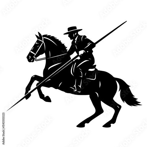 Silhouette of a horse rider in traditional attire holding a long spear, working equitation