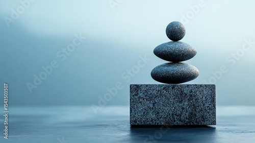 A minimalist abstract composition featuring a single black stone balanced on a black stone, with a subtle gradient background that transitions from dark to light blue.