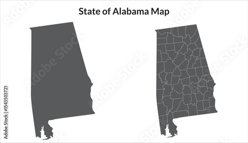 Alabama state map in set grey color. Alabama with city map in set grey color.
