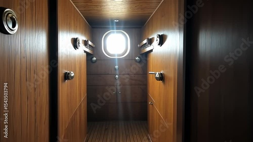 Dark wood ship cabin with drawers and porthole