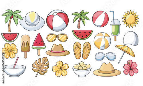 Summer beach sticker set with cute tropical elements.