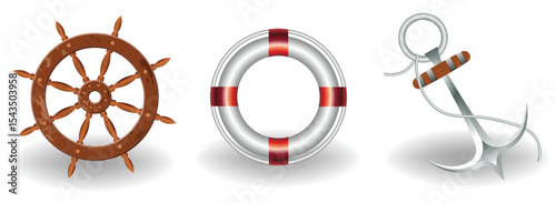 wheel, Lifebuoy retro and anchor symbols vector  on white background