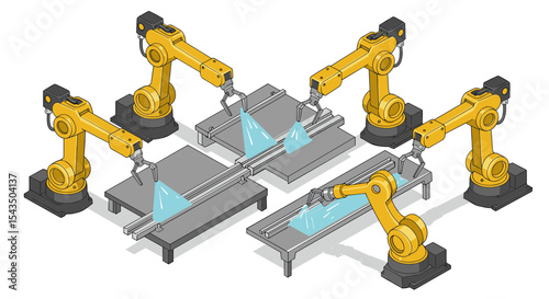 Advanced robotic arm assembly line with automated welding technology in manufacturing isometric style vector illustration