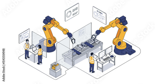 Automated industrial robotics in smart manufacturing facility isometric style vector illustration
