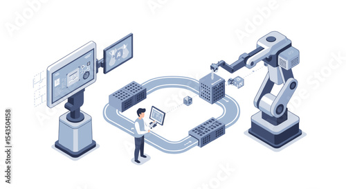 Industrial automation and robotics in modern manufacturing process isometric style vector illustration