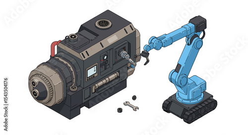 Futuristic mechanical workshop with robotic arm and complex machinery components isometric style vector illustration
