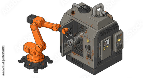 Industrial robot arm working with futuristic machinery for automated manufacturing isometric style vector illustration