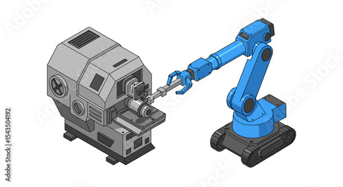 Industrial automation with robot arm and cnc machine for manufacturing design isometric style vector illustration