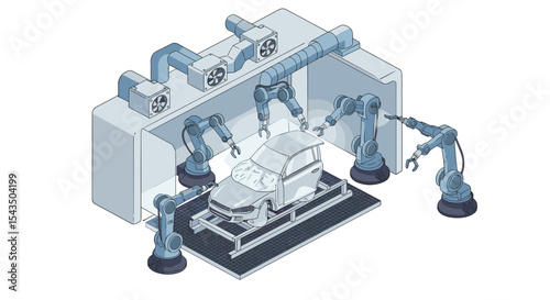 Advanced robotic technology in automotive manufacturing process isometric style vector illustration