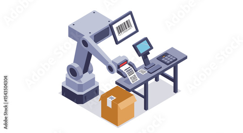 Automated barcode scanning system for efficient packaging and inventory management isometric style vector illustration