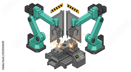 Industrial robot arm automation in a modern factory setting isometric style vector illustration