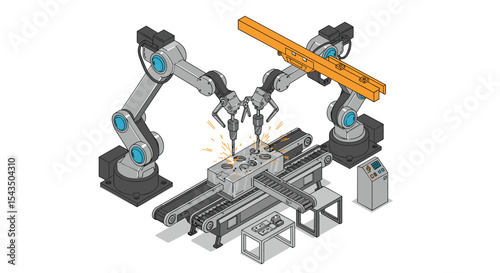 Robotic armature welding assembly line for automation technology and industrial manufacturing design isometric style vector illustration