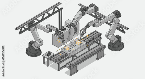Industrial robotic arms assembling components in a factory setting isometric style vector illustration