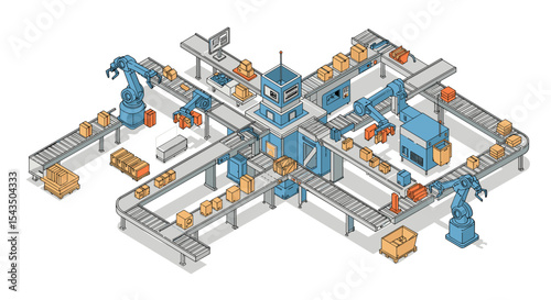 Automated logistics and robotics in modern warehousing and distribution center isometric style vector illustration