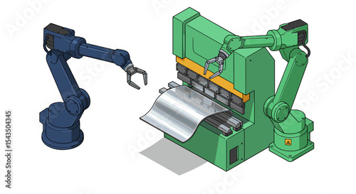 Industrial robotic arms in metal bending process for manufacturing automation isometric style vector illustration