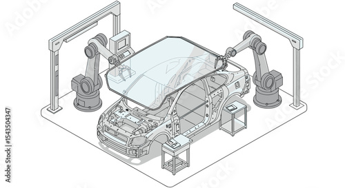 Automated robotic assembly line for car manufacturing and windshield installation isometric style vector illustration