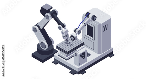 Robotic arm operating cnc machine for precision engineering and automation concept isometric style vector illustration