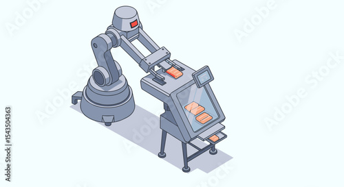Robotic arm packaging automation in modern manufacturing process isometric style vector illustration