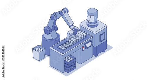 Futuristic robotic automation in manufacturing process for efficiency and innovation isometric style vector illustration