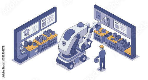 Advanced robotic arm in modern industrial workshop with engineer supervision isometric style vector illustration
