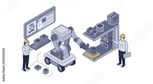 Automated warehouse robotics and logistics efficiency in modern distribution systems isometric style vector illustration