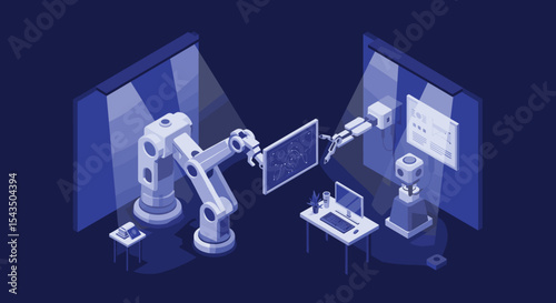 Futuristic robotic workspace with automated machines and digital interfaces isometric style vector illustration