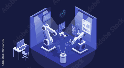 Futuristic robotics workshop with automation technology and data analysis for industrial innovation isometric style vector illustration
