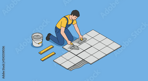 Man installing ceramic tiles on floor with tools in a blue room concept illustration isometric style vector illustration