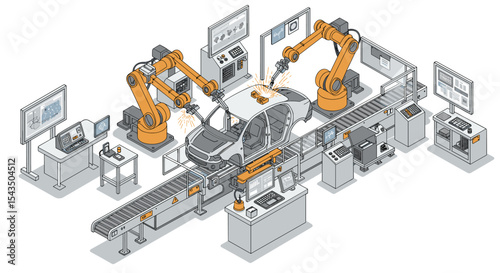 Futuristic automotive manufacturing with robotic assembly line technology for industrial innovation isometric style vector illustration