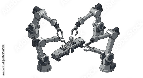 Automated assembly line with robotic arms in modern manufacturing isometric style vector illustration