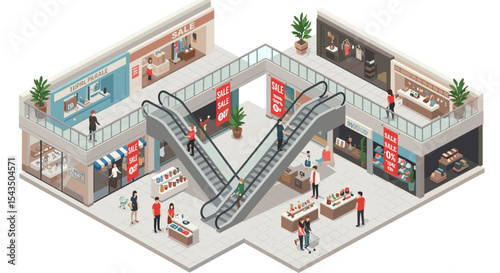 Shopping mall scene with escalators and stores during sales event isometric style vector illustration