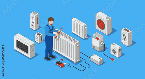 Technician repairing radiator and various home heating devices on blue background isometric style vector illustration
