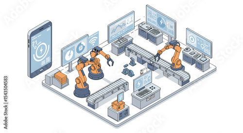 Smart factory automation with robotic arms and digital interfaces for industrial innovation isometric style vector illustration
