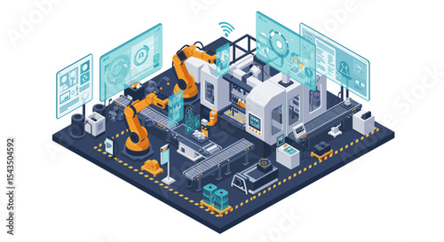 Advanced smart factory with robotic workshop and futuristic automation technology isometric style vector illustration