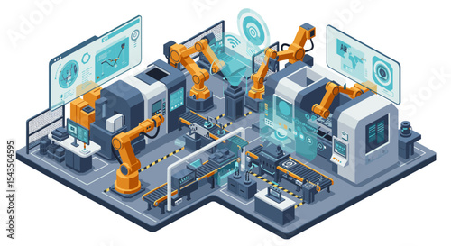 Advanced robotics and automation in modern factory design for innovative production systems isometric style vector illustration