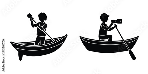 Boy in Rowing Boat with Camera Silhouette on White Background
