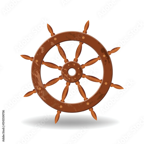 Create a highly detailed vector illustration of a ship's helm, showcasing intricate wood grain and metal details. Include ropes and a complete wheel