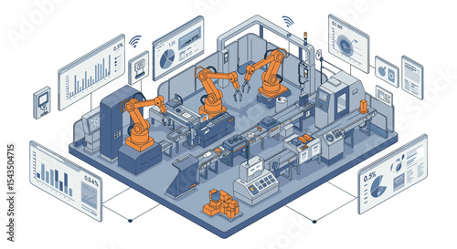 Advanced industrial automation scene with robotic assembly line and data analytics isometric style vector illustration