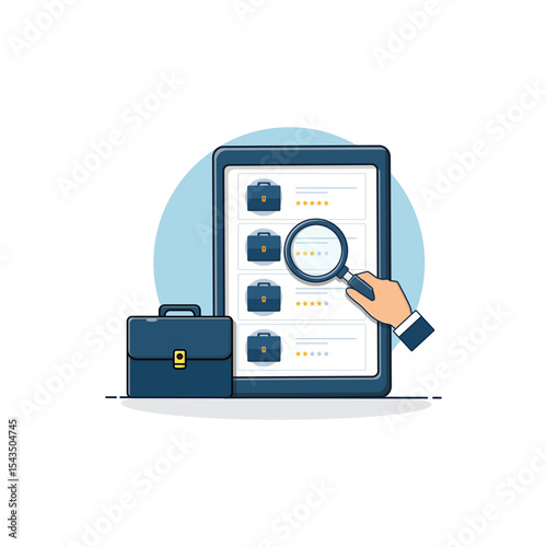Tablet with Office Bag and Magnifying Glass Vector Illustration. Searching for Quality Job Concept Design