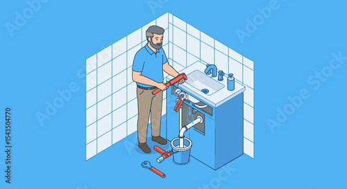 Isometric illustration of a plumber repairing a bathroom sink with tools isometric style vector illustration